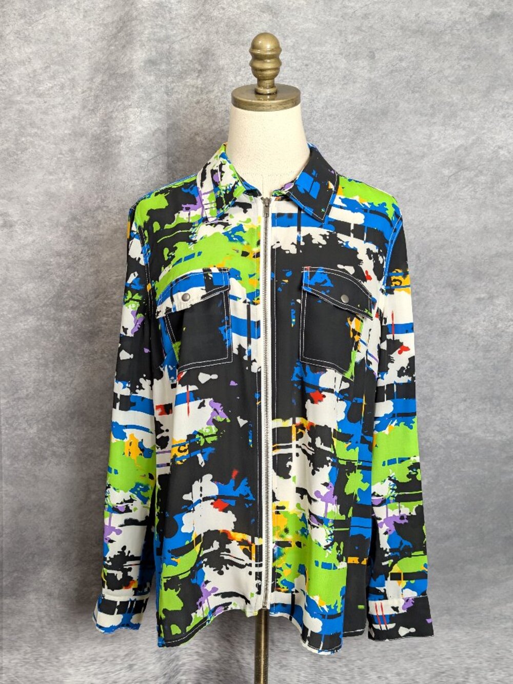 Vtg 90s Multiples Splatter Paint Zip Jacket L Abstract Geometric Shirt Clubwear